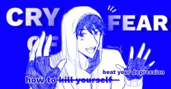 1boy black_gloves blue_eyes blue_hair blue_theme cry_of_fear drop_shadow english_text fake_mrbeast_(meme) fingerless_gloves gloves hands_up highres hood hood_up hoodie impact_(font) implied_suicide konicomchiee male_focus meme open_mouth short_hair simon_henriksson solo teeth upper_body upper_teeth_only white_hoodie