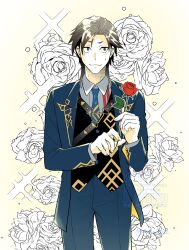 1boy black_eyes black_hair black_vest blue_necktie blue_suit fate/grand_order fate_(series) floral_background flower formal_clothes highres kuru_(wagaya60) male_focus mandricardo_(fate) necktie red_flower red_rose rose rose_background suit sweatdrop vest white_flower white_rose