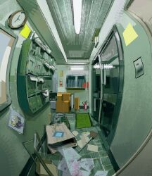 box cabinet cardboard_box ceiling clock fire_extinguisher fisheye fluorescent_lamp glass_door highres indoors mat messy_room no_humans office original paper photoshop_(medium) poster_(object) ramon_nunez scenery shelf sticky_note tile_floor tiles trash_can