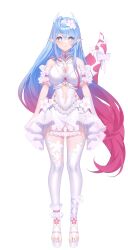 Rule 34 | 1girl, :3, absurdres, arms at sides, artist request, asymmetrical sidelocks, bare shoulders, blue eyes, blue hair, bow, breasts, bridal legwear, bright pupils, cleavage cutout, closed mouth, clothing cutout, flower, flower-shaped pupils, full body, gradient hair, hair flower, hair ornament, halterneck, high heel sandals, highres, horns, light smile, long hair, looking at viewer, medium breasts, multicolored hair, navel, navel cutout, noa talent, pink hair, pink tail, platform footwear, pointy ears, sagisawa ria, sandals, second-party source, shirt, skirt, solo, split mouth, standing, straight-on, symbol-shaped pupils, tachi-e, tail, tail bow, tail ornament, thighhighs, toeless footwear, very long hair, white bow, white footwear, white pupils, white shirt, white skirt, white tail, white thighhighs