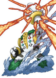 fire full_body gen_4_pokemon legendary_pokemon legs_apart nintendo no_humans pearl7 pokemon pokemon_(creature) pokemon_focus regigigas simple_background solo standing water white_background
