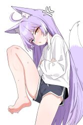 1girl ahoge anger_vein animal_ear_fluff animal_ears blue_eyes blush dolphin_shorts fox_ears fox_girl fox_tail heterochromia highres multicolored_hair purple_hair purple_tail saho_4545 shirt shorts simple_background single_bare_foot solo stellive streaked_hair sweat tail tenko_shibuki two-tone_tail virtual_youtuber white_background white_hair white_shirt yellow_eyes