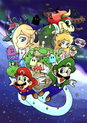 2girls 5boys bad_id bad_pixiv_id blonde_hair blouse blue_eyes blue_overalls bowser brothers brown_hair captain_toad crown earrings earth_(planet) facial_hair flying gloves green_hat green_shirt hat horns jewelry koopa lubba luigi luma_(mario) mario mario_(series) multiple_boys multiple_girls mustache nintendo open_mouth overalls planet polari_(super_mario_galaxy) princess_peach red_hair rosalina setz ship shirt siblings sky smile space star_(sky) starry_sky super_mario_galaxy super_mario_galaxy_2 toad_(mario) watercraft white_gloves yoshi