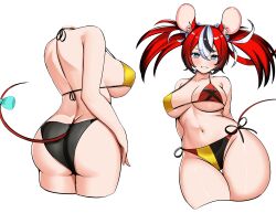 1girl absurdres alternate_breast_size alternate_costume animal_ears ass bikini black_bikini black_streaks blue_bow blue_eyes bow breasts dice_hair_ornament hair_ornament hakos_baelz highres hololive hololive_english large_breasts looking_at_viewer mouse_ears mouse_girl mouse_tail multicolored_bikini multicolored_hair multiple_views navel panpanmc4 red_bikini red_hair swimsuit tail tail_bow tail_ornament teeth twintails virtual_youtuber white_hair yellow_bikini
