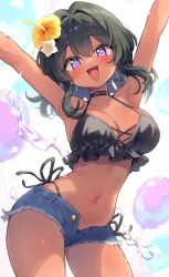 1girl ;d armpits arms_up bikini black_bikini black_hair blurry blush breasts cleavage dark-skinned_female dark_skin dated depth_of_field double-parted_bangs flower frilled_bikini frills hair_flower hair_intakes hair_ornament halterneck highres idolmaster idolmaster_cinderella_girls large_breasts natalia_(idolmaster) navel one_eye_closed open_mouth partially_unzipped purple_eyes short_shorts shorts sidelocks smile solo sparkling_eyes swimsuit teeth trente upper_teeth_only