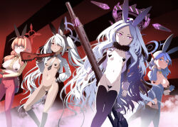 4girls ahoge ako_(blue_archive) alternate_costume animal_ears areola_slip bell black_gloves black_socks blonde_hair blue_archive blue_eyes blue_hair blue_theme blush bolt_action breasts buttons chinatsu_(blue_archive) cleavage clipboard collar commentary_request dark-skinned_female dark_skin demon_girl demon_horns demon_wings double-breasted fake_animal_ears female_focus frills glasses gloves groin gun hair_between_eyes hair_over_one_eye halo heart_pasties highres hina_(blue_archive) hitotose_rin holding holding_gun holding_weapon horns iori_(blue_archive) kneehighs large_breasts leotard loli long_hair looking_at_viewer machine_gun maebari mauser_98 medium_breasts mg42 multiple_girls navel neck_bell necktie pantyhose parted_bangs pasties playboy_bunny pointy_ears ponytail purple_eyes purple_thighhighs rabbit_ears red_eyes red_gloves red_pantyhose revealing_clothes revision rifle shirt sidelocks sleeveless slit_pupils small_breasts smile socks standing stomach tail thighhighs twintails very_long_hair weapon white_shirt wings yellow_eyes