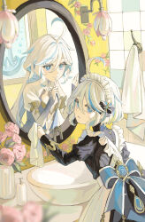 Rule 34 | 2girls, absurdres, alternate costume, apron, bathroom, blue eyes, blue jacket, bow, cleaning, closed mouth, finger to mouth, furina (genshin impact), genshin impact, highres, holding, holding towel, hydro symbol (genshin impact), jacket, long hair, long sleeves, maid, maid apron, maid headdress, medium hair, mirror, multiple girls, nekono0034, shushing, sink, towel, very long hair, vision (genshin impact)