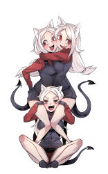 3girls animal_ear_fluff animal_ears between_thighs black_shoes black_shorts black_suit blush breasts cerberus_(helltaker) collared_shirt demon_tail dog_ears dog_girl fang formal_clothes helltaker highres hug large_breasts long_hair looking_at_viewer medium_breasts mikasa_known multiple_girls open_mouth ponytail red_eyes red_shirt shirt shoes shorts siblings sisters smile suit tail triplets white_hair