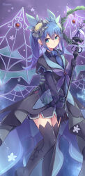 1girl absurdres aqua_hair aromage_rosemary aromalilith_rosemary black_dress black_gloves black_thighhighs blue_eyes blue_necktie blush closed_mouth dress duel_monster fairy_wings feet_out_of_frame gloves hair_between_eyes hair_ornament highres holding holding_scepter holding_weapon kanzakietc long_hair long_sleeves necktie ponytail scepter smile solo thighhighs twitter_username weapon wings yu-gi-oh! zettai_ryouiki