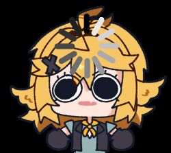 Rule 34 | 1girl, animated, animated gif, aqua shirt, black eyes, black gloves, black jacket, blonde hair, buffering, chibi, commentary, dokibird (bounty hunter), dokibird, english commentary, fang, feather hair, gloves, hair ornament, indie virtual youtuber, itsjustfrel, jacket, looking at viewer, looping animation, medium hair, neckerchief, open mouth, orange neckerchief, shirt, skin fang, solo, transparent background, virtual youtuber, x hair ornament
