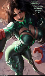 1boy 1girl animal_print armored_bodysuit ass black_eyeshadow black_hair black_lips bodysuit breasts choke_hold english_text eyeshadow green_bodysuit green_eyes hand_on_another&#039;s_arm hela_(marvel) highres large_breasts long_hair looking_at_viewer luminyu makeup marvel marvel_rivals patreon_username pov reaching reaching_towards_viewer signature solo speech_bubble spider-man spider_print strangling superhero_costume watermark web_address