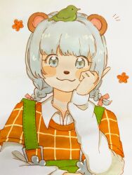 1girl :3 animal_ears animal_nose bird blush bow braid closed_mouth floral_background green_bird green_overalls grey_eyes grey_hair hair_bow hand_on_own_cheek hand_on_own_face highres looking_at_viewer low_twintails mode_aim overalls ponpoko_(vtuber) raccoon_ears raccoon_girl shirt short_hair simple_background smile sweater twin_braids twintails upper_body virtual_youtuber white_background