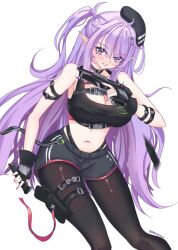 1girl beret black_gloves black_hat black_shorts black_tank_top breasts choker cleavage crescent crescent_hair_ornament crop_top eepy_sleepy eepy_sleepy_(sleepy_2.0) fingerless_gloves gloves gun hair_ornament handgun hat holding holding_gun holding_weapon long_hair marnhilson navel pantyhose phase_connect pointy_ears pouch purple_eyes purple_hair purple_nails shorts solo star_(symbol) star_choker star_hair_ornament stomach tank_top thigh_pouch twitter_username virtual_youtuber weapon white_background