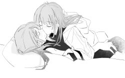 Rule 34 | 2girls, aoki hina, bang dream!, bang dream! it&#039;s mygo!!!!!, blush, chinese commentary, closed eyes, commentary request, greyscale, hand on another&#039;s head, highres, jacket, jhon trick, kaname raana, kiss, lying, monochrome, multiple girls, name connection, protected link, shirt, sleeveless, sleeveless shirt, takamatsu tomori, voice actor, voice actor connection, youmiya hina, yuri