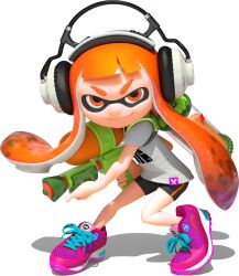 1girl 3d absurdres bare_arms bike_shorts eye_mask full_body gradient_hair headphones highres holding holding_weapon ink_tank_(splatoon) inkling inkling_girl inkling_player_character kaori_(splatoon) leaning_forward long_hair looking_at_viewer multicolored_hair nintendo official_art orange_eyes orange_hair pink_shoes shirt shoelaces shoes short_eyebrows short_hair_with_long_locks sidelocks smile sneakers solo splatoon_(series) splatoon_1 splattershot_(splatoon) spotted_hair standing suction_cups t-shirt tentacle_hair thick_eyebrows transparent_background two-tone_hair v-shaped_eyebrows weapon white_shirt