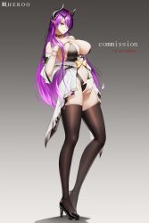 1girl absurdres artist_name bare_shoulders black_choker black_horns black_leotard black_shoes black_thighhighs breasts choker cleavage closed_mouth commentary demon_girl demon_horns english_commentary full_body grey_background hair_ornament hair_over_one_eye hand_on_own_chest hand_on_own_stomach high_heels highres horns large_breasts legs leotard lips long_hair looking_at_viewer louu_heroo navel original pointy_ears purple_hair red_eyes shoes sidelocks simple_background solo standing thighhighs zettai_ryouiki