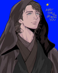 1boy absurdres anakin_skywalker blue_background blue_eyes brown_hair brown_hood brown_robe brown_tunic english_text highres hooded_robe masososo may_the_4th robe scar scar_across_eye scar_on_face simple_background solo star_(symbol) star_wars star_wars:_revenge_of_the_sith tunic upper_body