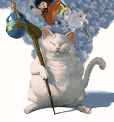1boy animal bare_shoulders black_hair cat child clenched_hand closed_eyes closed_mouth dragon_ball dragon_ball_(classic) fighting full_body hand_up highres holding holding_staff karin_(dragon_ball) looking_at_viewer multiple_views open_mouth orange_pants orange_shirt pants sangsoo_jeong shirt shoes smile son_goku staff standing white_background