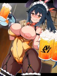 1girl animal_ears artist_logo averting_eyes beer_mug blue_gloves blush breasts brown_pantyhose cameltoe cleavage closed_mouth covered_navel cup eyebrows_hidden_by_hair fake_animal_ears fang frilled_thigh_strap full-face_blush garter_belt gloves green_hair highres holding holding_cup large_areolae large_breasts leotard logo long_hair money_between_breasts mug nipples nuuuuuusi06 orange_eyes orange_leotard original pantyhose playboy_bunny rabbit_ears side_ponytail skin_fang solo sweat thigh_strap underboob waitress white_headdress white_wrist_cuffs wrist_cuffs
