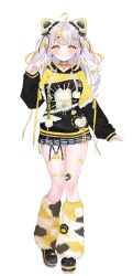 Rule 34 | 1girl, :3, absurdres, bandaid, bandaid on leg, black shirt, black shoes, black skirt, blonde hair, blush, cat hair ornament, choker, earrings, frills, full body, fur leg warmers, hair ornament, heart, heart earrings, heart hair ornament, highres, jewelry, leg warmers, long hair, long sleeves, multicolored hair, multicolored shirt, official art, parallel artist project, paw print, pleated skirt, shirt, shoes, simple background, skirt, sleeves past wrists, solo, standing, streaked hair, suzuho hotaru, suzukami utane, tachi-e, tassel, transparent background, two-tone hair, virtual youtuber, white hair, yellow choker, yellow eyes, yellow nails, yellow shirt