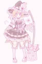 1boy :&lt; black_corset black_dress black_hat blonde_hair blue_eyes bow broom closed_mouth collarbone corset crossdressing dress full_body hat hat_bow heterochromia highres holding holding_broom looking_at_viewer male_focus pink_bow pink_eyes pink_ribbon pink_sandals pink_sleeves pink_socks pom_pom_(clothes) ribbon rinrin_(wuvpyon) sandals short_hair simple_background socks solo south_park speech_bubble spoken_squiggle squiggle trap tweek_tweak white_background