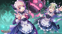 Rule 34 | 2girls, apron, breasts, demon girl, demon horns, demon lord maxim (galgun), detached sleeves, frills, gal guardians, gal gun (series), grey hair, highres, horns, kirika (galgun), maid, maid apron, maid headdress, masha (galgun), medium breasts, multiple girls, official art, official wallpaper, one eye closed, open mouth, pink hair, pointy ears, promotional art, purple eyes, skull, small breasts, smile, v, yellow eyes