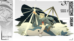 1girl 37_(reverse:1999) :o absurdres alternate_costume anklet arm_up black_sky blue_eyes blue_hair braid character_doll character_name cloud copyright_name daku_k doll dolphin_costume english_text floating_hair full_body geometric_solid grey_background hair_between_eyes hair_over_shoulder hand_up highres holding holding_doll jewelry logo long_hair looking_up no_shoes reverse:1999 sitting sky solo sophia_(reverse:1999) stuffed_animal stuffed_dolphin stuffed_toy sunburst thighhighs twin_braids very_long_hair water white_thighhighs zoom_layer