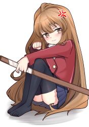 1girl absurdres aisaka_taiga anger_vein averting_eyes black_thighhighs blue_skirt blush bokken brown_eyes brown_hair clenched_hand closed_mouth hair_between_eyes hand_up highres holding jacket knees_up long_hair long_sleeves meemz_a miniskirt no_shoes on_ground oohashi_high_school_uniform pleated_skirt red_jacket school_uniform simple_background sitting skirt solo sword thighhighs thighs toes toradora! very_long_hair weapon white_background wooden_sword