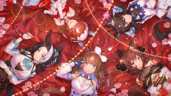 Rule 34 | 5girls, ahoge, almond eye (umamusume), animal ears, beruu, black hair, breasts, brown hair, cleavage, collarbone, commentary request, daring tact (umamusume), detached sleeves, fingerless gloves, flower, flying, gentildonna (umamusume), gloves, hair ornament, highres, large breasts, looking at viewer, medium breasts, mejiro ramonu (umamusume), multicolored hair, multiple girls, open mouth, petals, smile, star (symbol), star hair ornament, still in love (umamusume), two-tone hair, umamusume