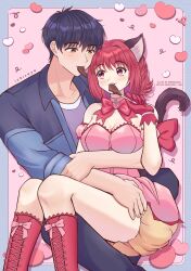 Rule 34 | absurdres, animal ears, aoyama masaya, black hair, black tail, boots, bow, cat ears, cat girl, cat tail, chocolate, detached sleeves, dress, food in mouth, gloves, heart, highres, licking, licking food, mew ichigo, momomiya ichigo, nao (sprinkanao), pink dress, puffy detached sleeves, puffy shorts, puffy sleeves, red boots, red bow, red eyes, red gloves, shorts, tail, thighs, yellow eyes