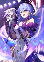 1girl absurdres aqua_eyes bare_shoulders bead_bracelet beads blue_hair blush bracelet breasts choker collar detached_sleeves dress e_buki earrings face_jewel gloves hair_between_eyes halo head_wings highres holding honkai:_star_rail honkai_(series) jewel_under_eye jewelry long_hair looking_at_viewer musical_note_ornament open_mouth purple_choker purple_collar purple_dress purple_sleeves robin_(honkai:_star_rail) short_sleeves smile solo strapless strapless_dress two-tone_dress white_dress white_gloves white_wings wings