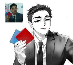Rule 34 | 1boy, absurdres, alien stage, collared shirt, commentary request, cosplay, ddakji, greyscale, hair slicked back, highres, holding, holding paper, ivan (alien stage), jacket, long sleeves, male focus, monochrome, mowar25, necktie, paper, photo inset, red pupils, reference inset, shirt, short hair, smile, solo, squid game, suit jacket, the salesman (squid game), the salesman (squid game) (cosplay), very short hair