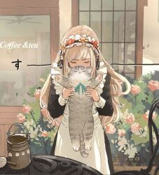1girl absurdres animal apron black_dress black_hairband blonde_hair cat chair closed_eyes commentary_request dress frilled_hairband frills grey_cat hairband highres holding holding_animal holding_cat long_hair long_sleeves maid oimo_imoo original outdoors smelling standing table watering_can white_apron