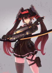 Rule 34 | 1girl, absurdres, black dress, black hair, chin guard, dress, earrings, fake horns, floating earrings, gradient hair, hair between eyes, hair ornament, highres, holding, holding sword, holding weapon, horns, jewelry, joints, kameneko, katana, lucia: dawn (pgr), lucia (pgr), mechanical arms, mechabare, multicolored hair, pouch, punishing: gray raven, red eyes, red hair, robot joints, sidelocks, sleeveless, sleeveless dress, solo, streaked hair, sword, thigh pouch, twintails, weapon, x hair ornament