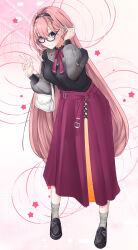 1girl absurdres bag black_shirt blue_eyes blush breasts commentary dress glasses handbag highres hololive large_breasts long_hair long_sleeves looking_at_viewer neck_ribbon pink_hair que1538 red_ribbon red_skirt ribbon shirt skirt smile solo takane_lui takane_lui_(casual) virtual_youtuber