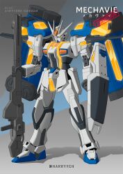 Rule 34 | artist name, character name, commentary, commission, english commentary, full body, gun, gundam, gundam seed, harryych, highres, holding, holding gun, holding shield, holding weapon, looking ahead, mecha, mecha focus, mixed-language commentary, mobile suit, orange eyes, original, robot, science fiction, shadow, shield, standing, v-fin, weapon