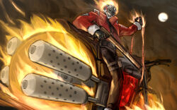 Rule 34 | 1boy, absurdres, billy kid, black pants, cowboy shot, dodo (yatotoyatoto), grin, gun, highres, holding, holding gun, holding weapon, jacket, looking at viewer, male focus, mask, pants, red jacket, robot, sharp teeth, smile, solo, standing, teeth, weapon, zenless zone zero