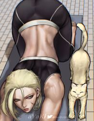1girl alternate_hairstyle artist_name ass ayaki_blade biceps blonde_hair cammy_white cat crop_top facial_scar highres looking_at_another muscular muscular_female pants parted_lips scar scar_on_cheek scar_on_face short_hair sleeveless street_fighter street_fighter_6 stretching tight_clothes tight_pants top-down_bottom-up twitter_logo yoga_mat