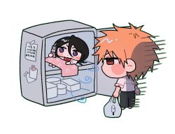 1boy 1girl bag black_hair bleach blush_stickers bow bowtie cellphone chibi chibi_only commentary_request double-parted_bangs flip_phone gwao_(_ul_13) hair_between_eyes highres holding holding_bag holding_phone in_container in_refrigerator jitome korean_commentary korean_text kuchiki_rukia kurosaki_ichigo looking_at_another orange_hair phone puff_of_air rabbit_sticker red_bow red_bowtie refrigerator refrigerator_interior school_uniform shirt shopping_bag short_hair short_sleeves simple_background spiked_hair translation_request under_covers v-shaped_eyebrows white_background white_shirt yurie_mouth