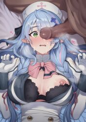 Rule 34 | 0haribo0, 1boy, 1girl, absurdres, after ejaculation, black bra, blue archive, blue hair, bow, bowtie, bra, braid, censored, center opening, commentary request, cross hair ornament, cum, cum on body, cum on hair, dark-skinned male, dark skin, erection, facial, gloves, green eyes, hair ornament, hair ribbon, hat, heart, heavy breathing, hetero, high-waist skirt, highres, juliet sleeves, long hair, long sleeves, lying, mine (blue archive), mosaic censoring, navel, nipples, nurse cap, on back, one breast out, open mouth, penis awe, penis on face, penis over one eye, pink bow, pink bowtie, pink ribbon, pointy ears, puffy sleeves, ribbon, side braids, skirt, surprised, sweat, underwear, white gloves, white skirt, wide-eyed