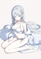1girl absurdres bikini blue_archive blush braid breasts cleavage floral_print floral_print_kimono flower hair_ornament hair_over_shoulder hair_spread_out halo hand_on_lap highres japanese_clothes jewelry kimono long_hair nagusa_(blue_archive) nagusa_(swimsuit)_(blue_archive) navel necklace official_alternate_costume open_clothes parted_bangs print_kimono seiza side_braid sideboob sitting snowflake_hair_ornament solo swimsuit tamago_(eva1314056) thick_eyelashes very_long_hair white_background white_bikini white_eyes white_hair white_halo white_kimono