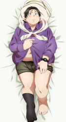 Rule 34 | 1boy, bara, bed sheet, black hair, black socks, blush, closed mouth, collared shirt, dakimakura (medium), fat, grey male underwear, highres, honda yutaka, jacket around neck, long sleeves, looking at viewer, lying, male focus, male underwear, on back, partially unbuttoned, purasu no konbu, purple shirt, shirobako, shirt, short hair, single sock, socks, solo, underwear, watch, wristwatch