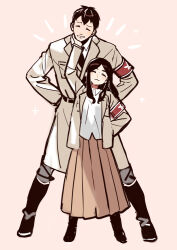 1boy 1girl :3 arm_behind_back arm_up armband arms_behind_back belt bertolt_hoover black_belt black_footwear black_hair black_necktie boots brown_hair brown_jacket brown_skirt closed_eyes closed_mouth collared_jacket collared_shirt commentary emphasis_lines hair_between_eyes hair_intakes hand_on_another&#039;s_chin head_rest jacket kima33333 lapels long_skirt marley_military_uniform necktie open_clothes open_jacket open_mouth orange_background pieck_finger pleated_skirt red_armband shingeki_no_kyojin shirt simple_background skirt undershirt white_shirt