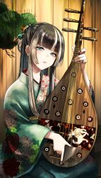1girl absurdres alternate_costume alternate_hairstyle asa_no_ha_(pattern) bachi biwa_lute black_hair blue_eyes blunt_bangs blush comb commentary eyelashes feet_out_of_frame floral_print green_kimono hair_ornament hair_stick highres hinata_habi_ss holding holding_instrument hololive hololive_dev_is instrument japanese_clothes juufuutei_raden kimono long_hair looking_at_viewer lute_(instrument) multicolored_hair music nail_polish parted_lips playing_instrument plectrum purple_nails sidelocks sitting solo straight_hair streaked_hair two-tone_hair virtual_youtuber white_hair wide_sleeves yukata