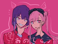1boy 1girl :o black_bow black_hairband black_sailor_collar bow bow_hairband brother_and_sister famii4099 gakuran grin hair_bun hairband hand_up highres l_hand long_hair multicolored_hair pink_background pink_eyes pink_hair purple_hair red_serafuku sailor_collar school_uniform serafuku short_hair siblings sirei_(hundred_line) smile streaked_hair the_hundred_line_-last_defense_academy- tsukumo_ima tsukumo_kako twins twintails upper_body v white_streaks