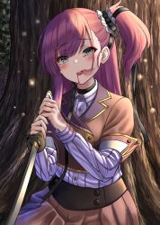 Rule 34 | 1girl, black choker, blood, blood from mouth, blue eyes, blush, brown jacket, brown skirt, choker, collared shirt, commentary request, crying, crying with eyes open, highres, holding, holding sword, holding weapon, jacket, katana, long hair, long sleeves, looking at viewer, misogin, one side up, open mouth, origami family&#039;s elite guard uniform, outdoors, pink hair, pleated skirt, shirt, skirt, solo, striped clothes, striped shirt, sword, tears, toji no miko, tree, tsubakuro yume, weapon, white shirt