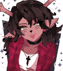 1girl absurdres animal_ear_piercing animal_ears antlers black_choker bright_pupils brown_eyes brown_hair choker cross cross_necklace december_holiday deer_antlers deer_ears deltarune flannel freckles furry furry_female highres hiro_horn horns jewelry looking_at_viewer medium_hair necklace piercing smile solo sparkle tongue tongue_out tongue_piercing upper_body white_background white_pupils