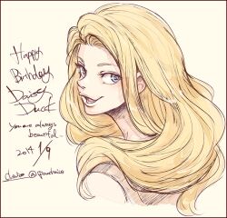 1girl blonde_hair blue_eyes chai_5 character_name daisy_duck disney english_text humanization lips lipstick long_eyelashes long_hair looking_at_viewer makeup mickey_mouse_&amp;_friends open_mouth simple_background smile solo yellow_background