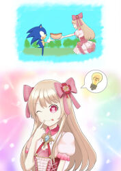 1boy 1girl 2koma ad_action7 anniversary blonde_hair chaos_marie_(grimms_notes) cleavage_cutout clothing_cutout comic crossover grimms_notes hair_ribbon heart heart-shaped_pupils hot_dog long_hair one_eye_closed pink_eyes pink_ribbon ribbon sonic_(series) sonic_the_hedgehog symbol-shaped_pupils upper_body