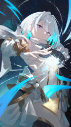 1girl absurdres armor bare_shoulders blue_eyes blue_hair bodysuit breasts colored_inner_hair cowboy_shot dreizehn_(shadowverse) faulds gloves glowing grey_hair highres large_breasts medium_hair multicolored_hair shadowverse solo sukaliya two-tone_hair white_bodysuit white_gloves